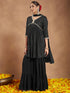 Janasya Women's Black Rayon Foil Printed A-line Kurta With Sharara & Dupatta Set